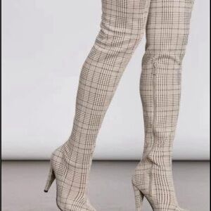 Anne Michelle Cream Plaid Over the Knee Boots